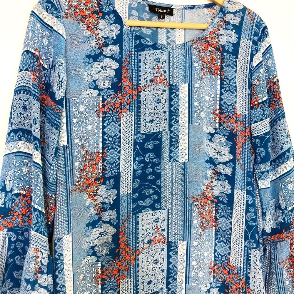 Tolani Blue floral, silk, BoHo mini dress - Picture 3 of 10
